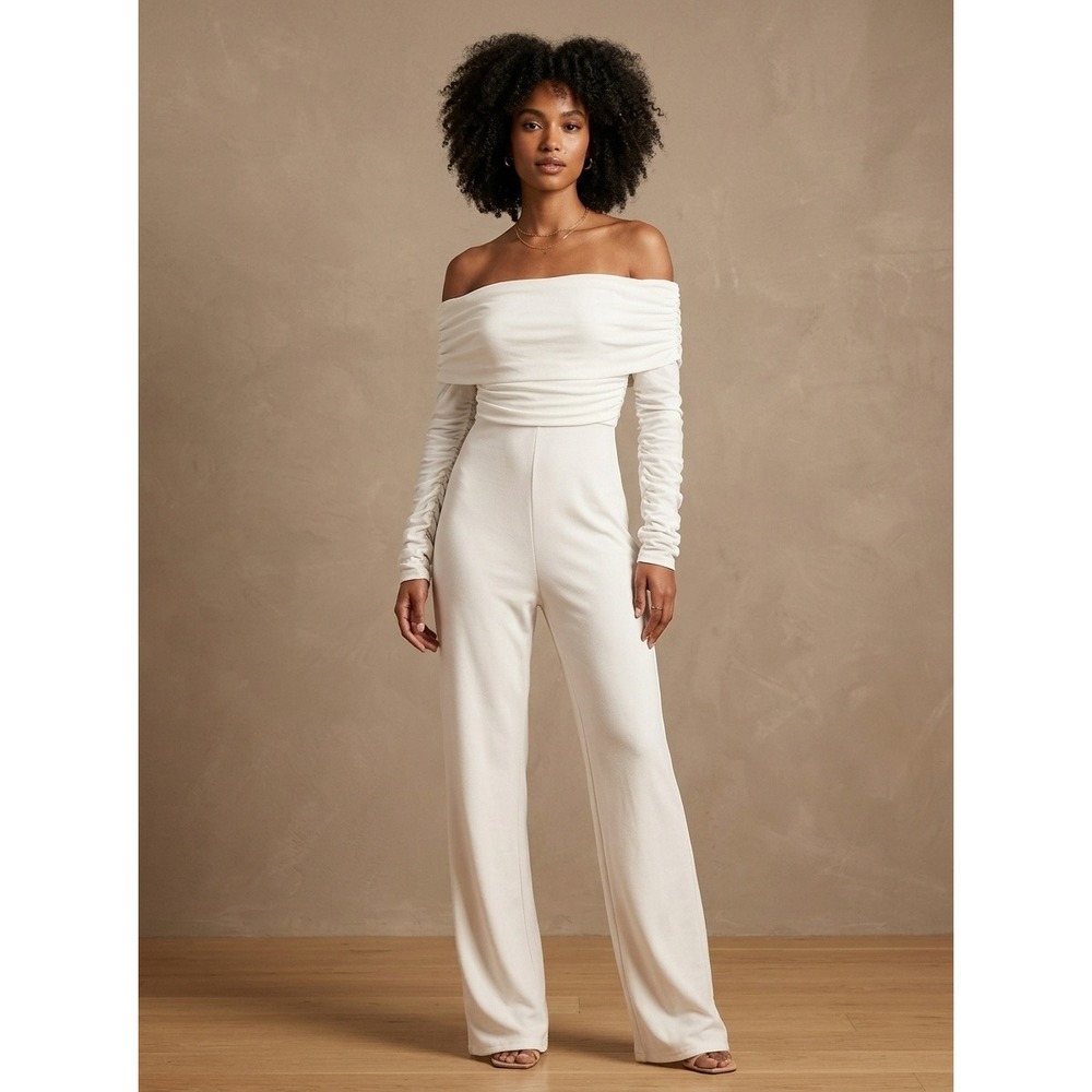 Quiz Jumpsuit Women White Off Shoulder Mesh Sleeve Wide Leg Size E 38